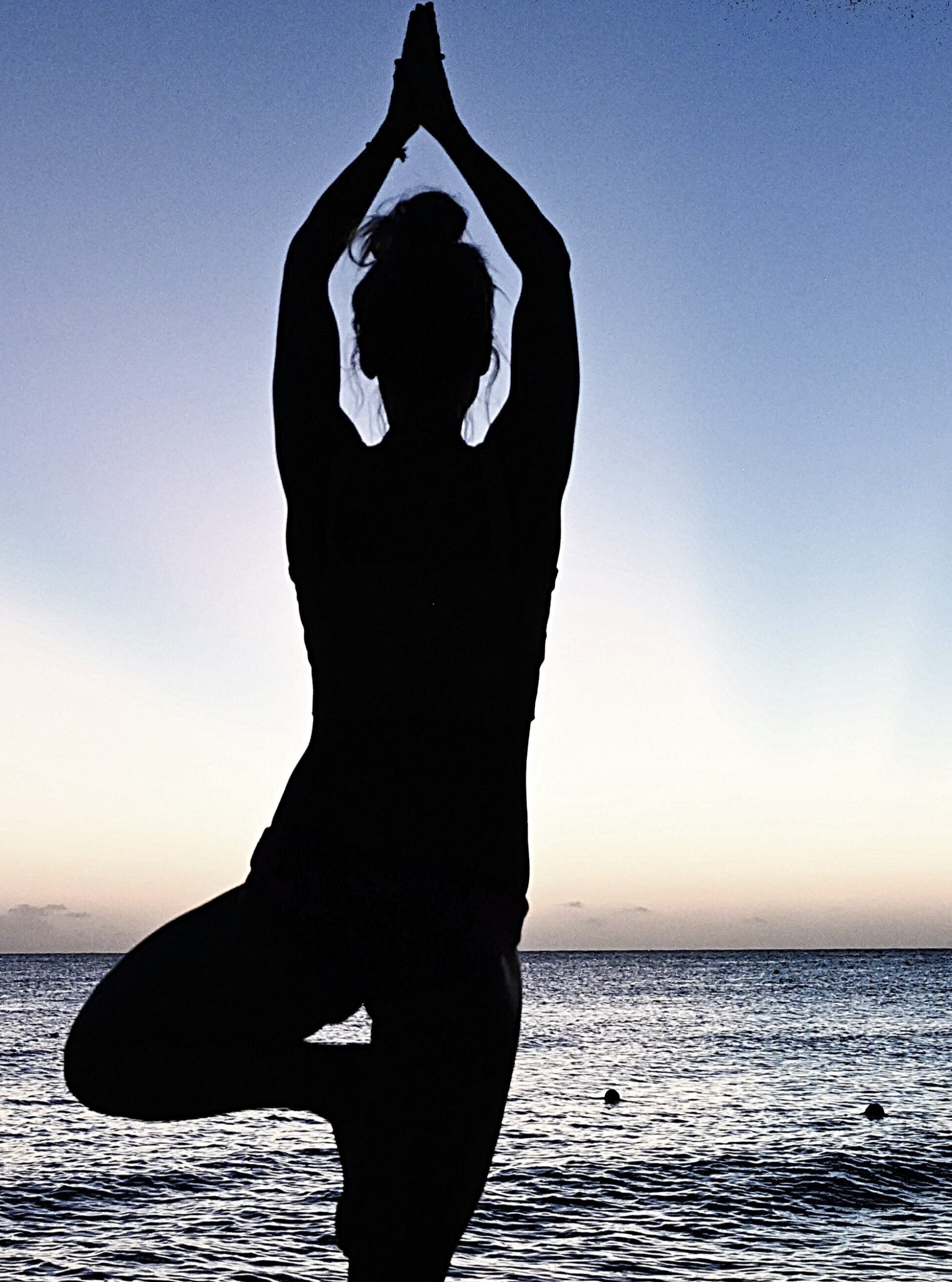 Silhouette of a woman practicing yoga in a tree pose by the seaside during sunset, symbolising mindfulness, mental health, and emotional balance. The calm water and tranquil sky enhance the sense of relaxation and well-being.