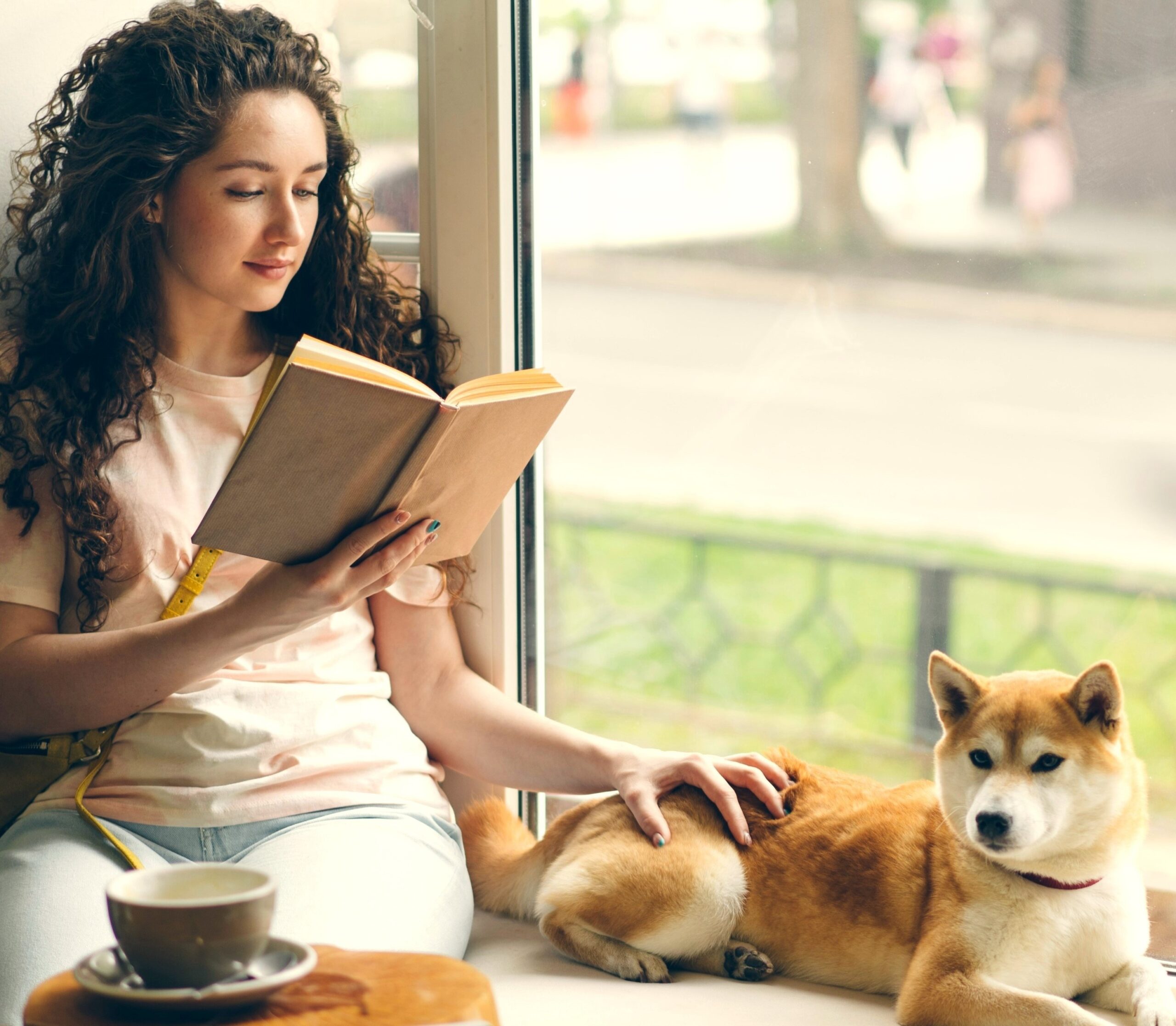 Calm young woman sitting by a window, reading a book while gently petting her dog, symbolising relaxation and emotional well-being.