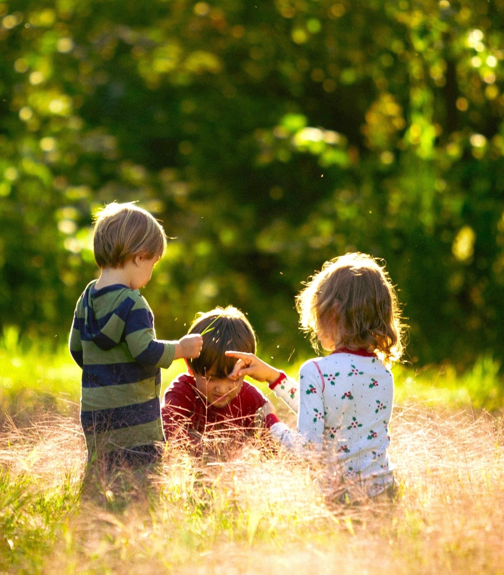 Children playing outdoors in a natural forest setting, symbolising innocence, social interaction, and connection with nature, which are important for emotional development and mental well-being.