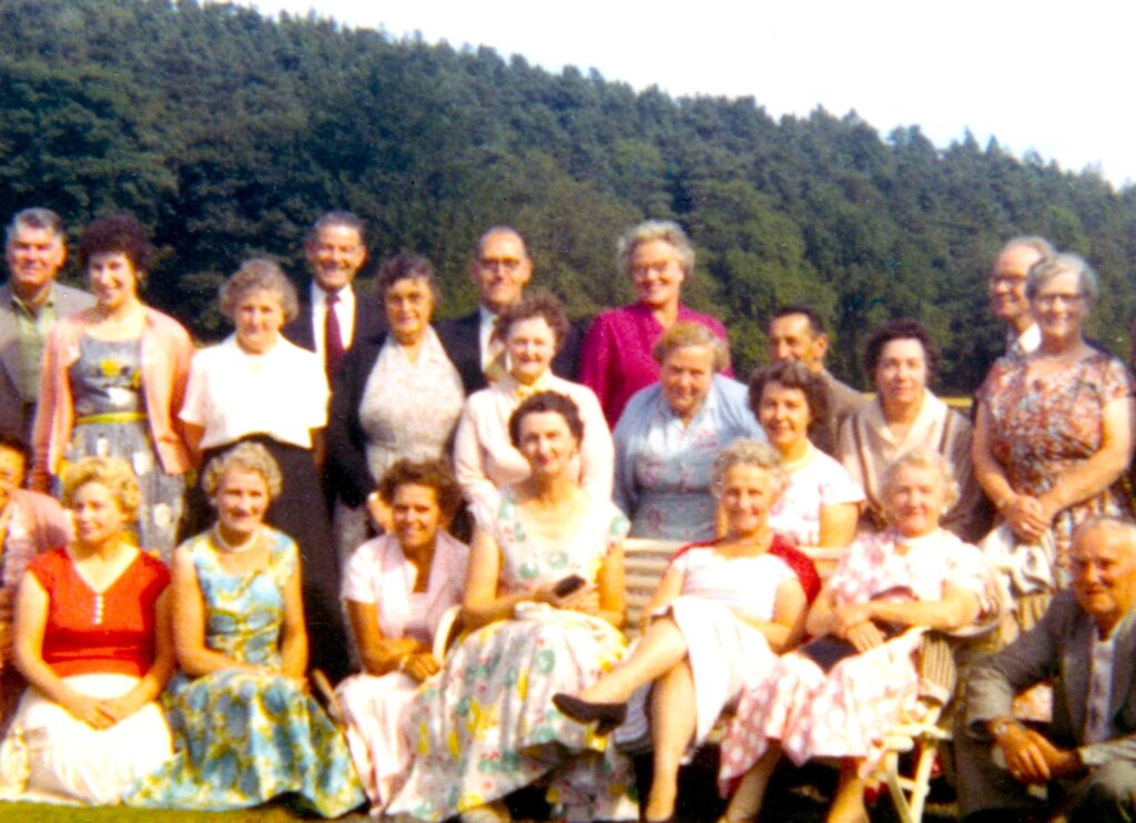 Family gathering outdoors, friends and relatives smiling together on a sunny day in a natural setting.