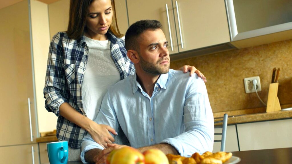 Couple stressed about unpaid bills and financial pressure from gambling addiction and temptations that need Urge Management initiatives.