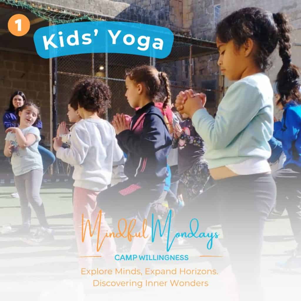 Kids yoga session outdoors, children practising mindfulness and concentration in a supportive environment, promoting mental wellbeing and physical activity among young learners.