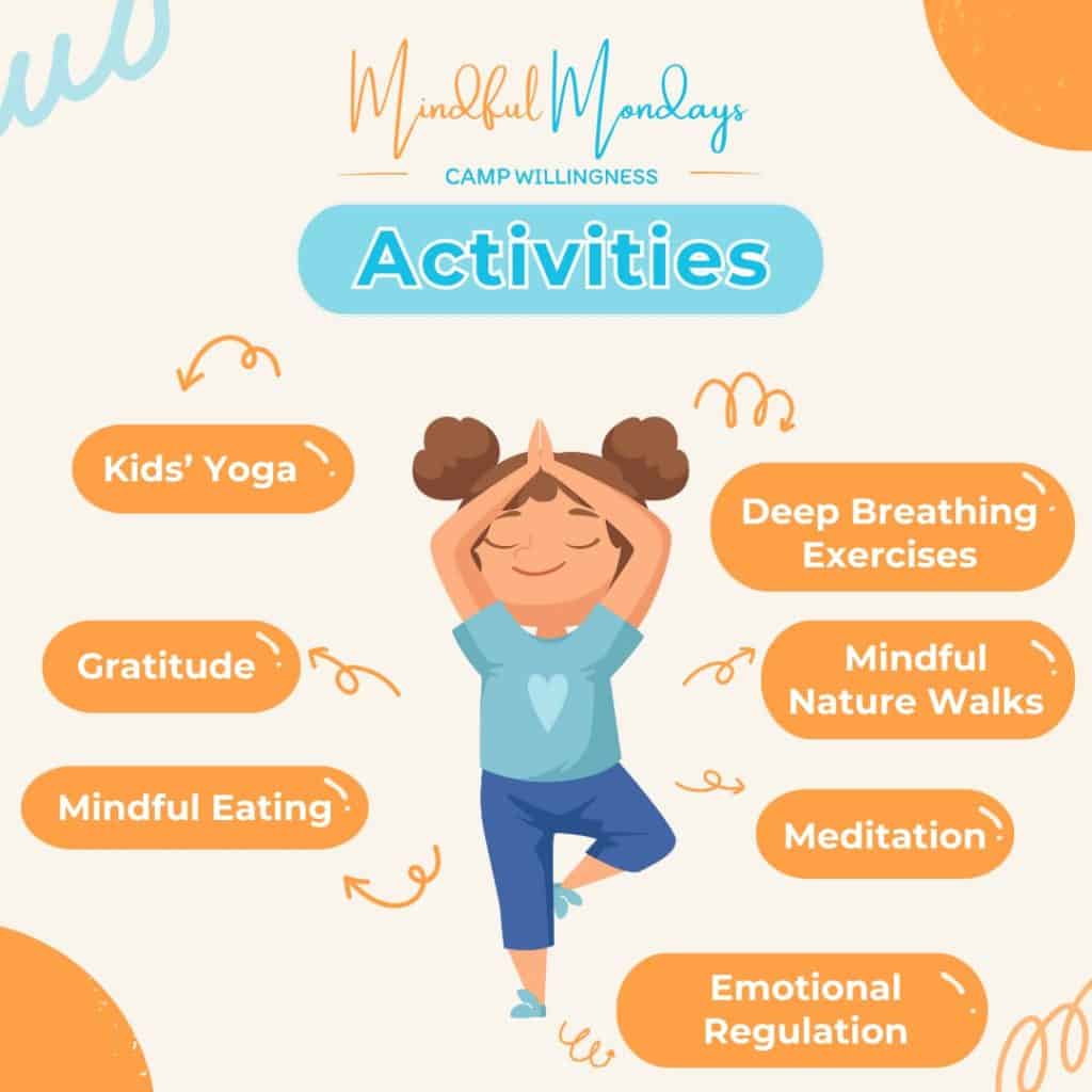 Calm young girl practicing yoga with a gentle smile, promoting mindfulness and mental well-being for children.