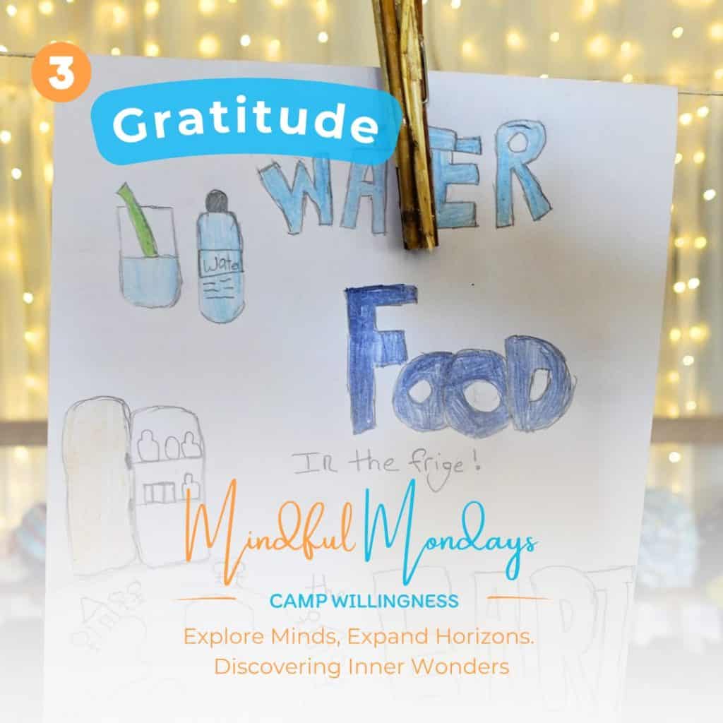 Water-themed gratitude drawing for mental well-being, promoting mindfulness and self-reflection during a camp session. Hand-drawn with colourful text and supportive messages.