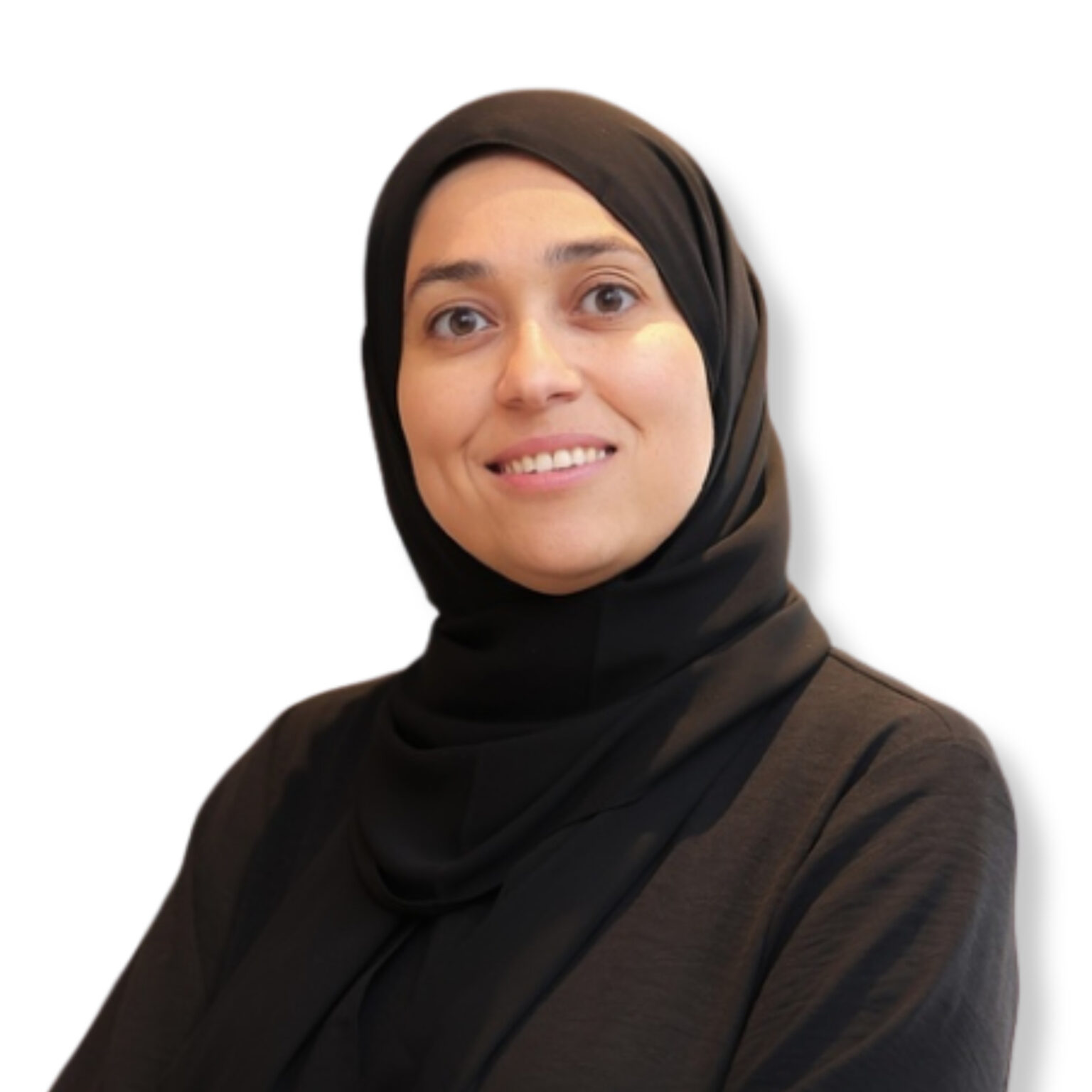 Calm and confident woman in a black hijab and professional attire, smiling softly, representing mental health awareness and cultural diversity in psychological well-being.