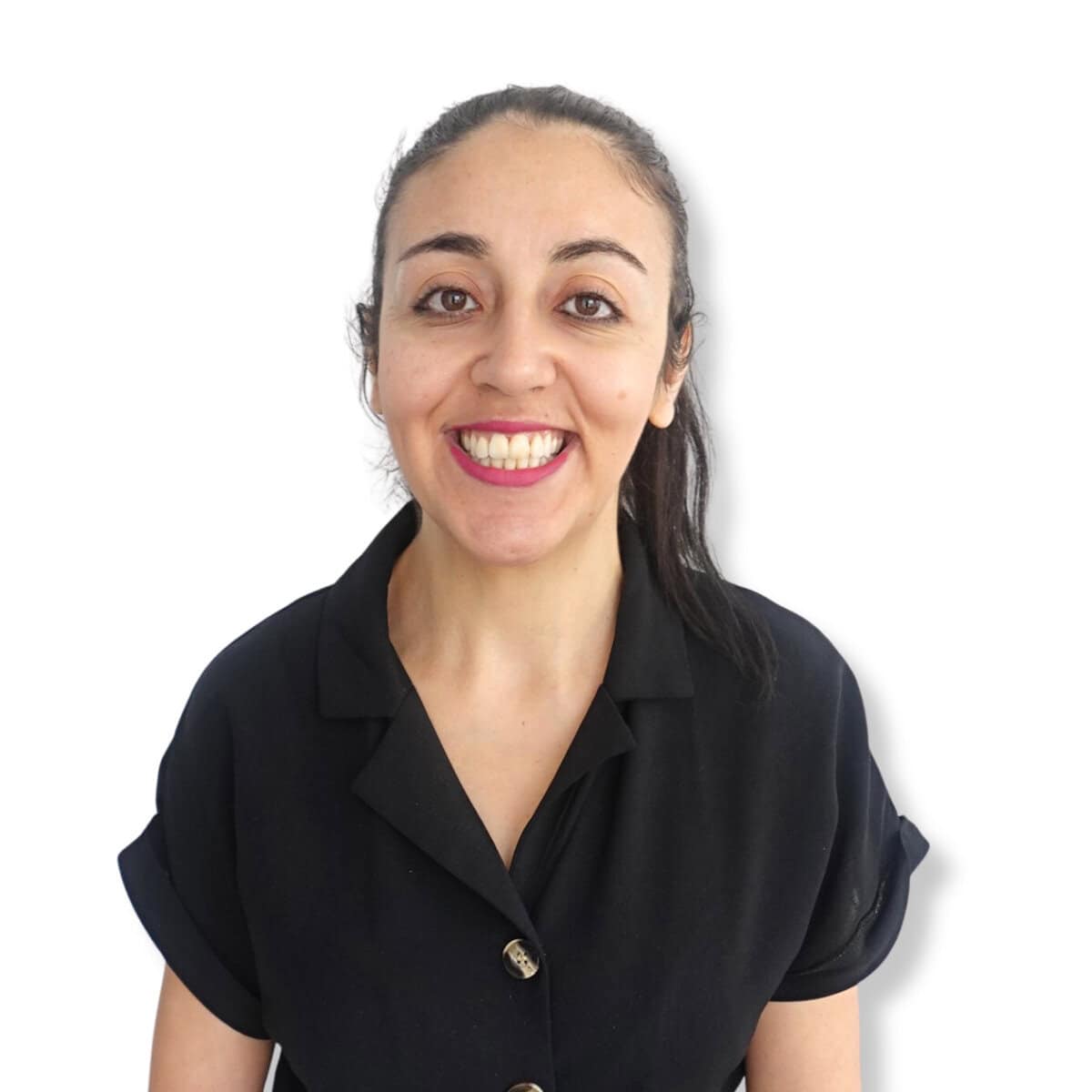 Bright smiling woman with dark hair tied back, wearing a black polo shirt, exuding warmth and approachability, suitable for mental health awareness and counselling contexts.