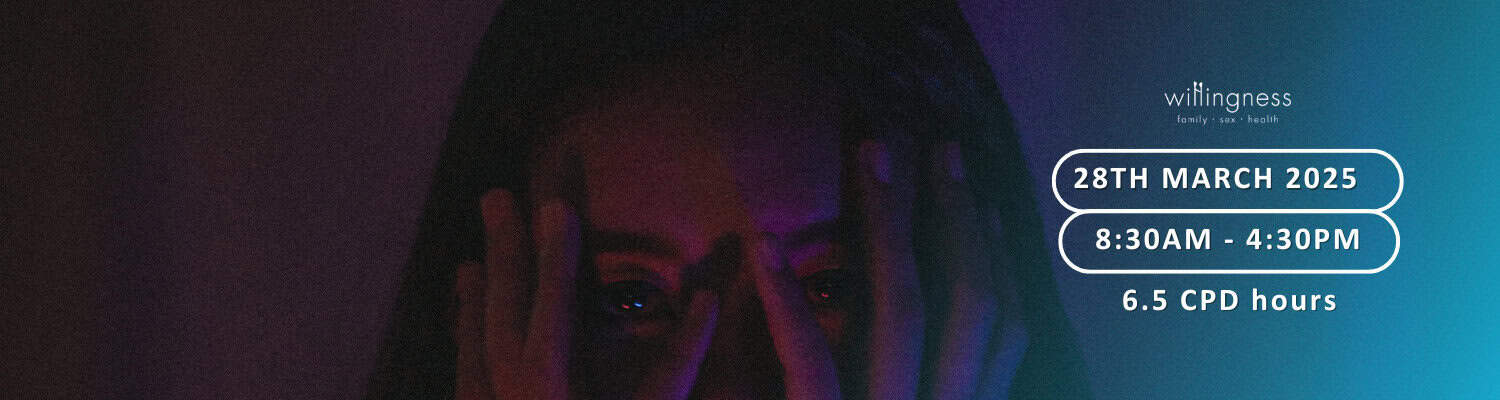 Brunette person with hands on face, dim lighting, and colourful background, promoting a mental health event on 28th March 2025 by the organisation 'Withingness'.