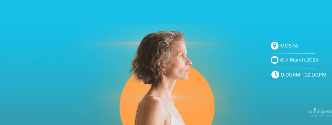 Calm middle-aged woman attending a mental health awareness event, sitting in peaceful reflection outdoors during sunrise.