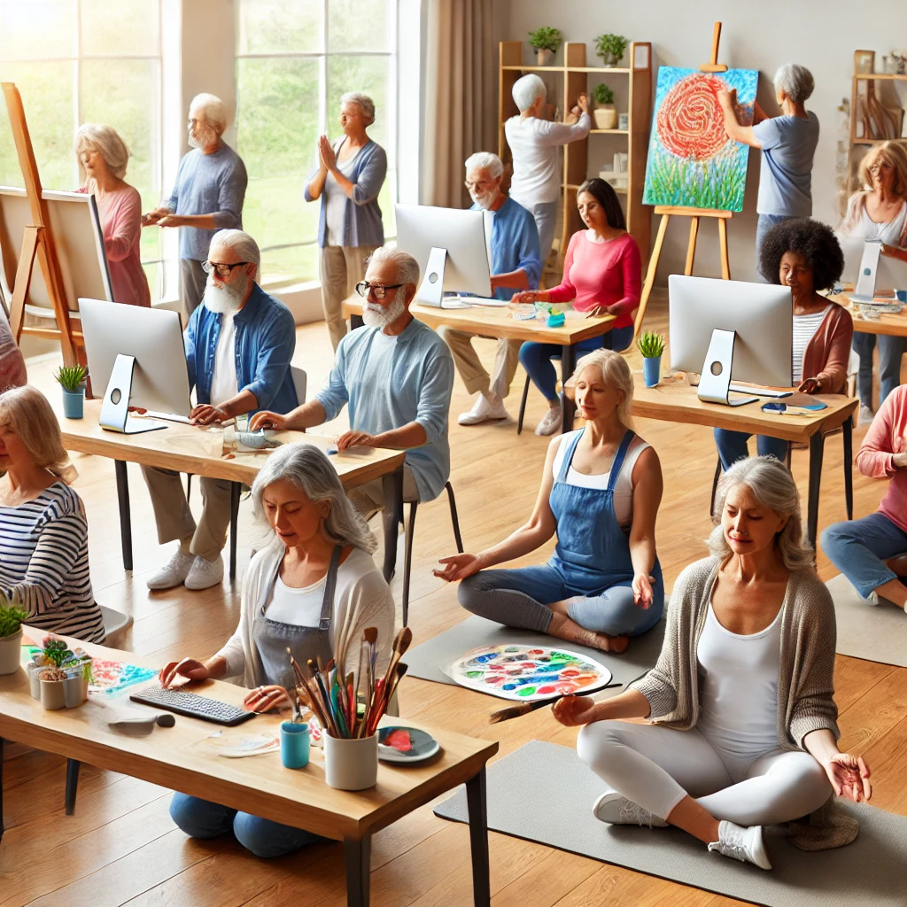 A school style classroom shows a bunch of elderly people in their 50s, 60s and beyond, learning new skills they didn't know in their prime. No matter where you are in life, it's never to late to learn new things.