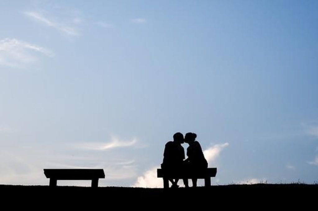 A couple having a romantic date in the park just after sunset, making out with each other. All relationships have five stages which they all go through, with this couple being no exception.