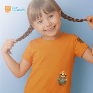 Smiling girl wearing orange Willingness Camp Logo T-shirt with mascot, holding braids playfully.