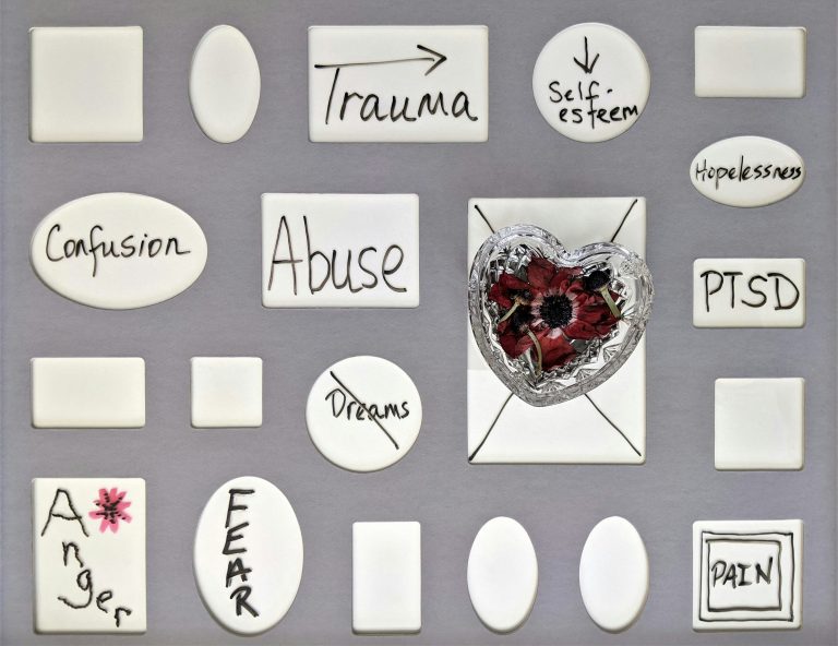Words like trauma, abuse, PTSD, and confusion highlight common myths and fears around PTSD.