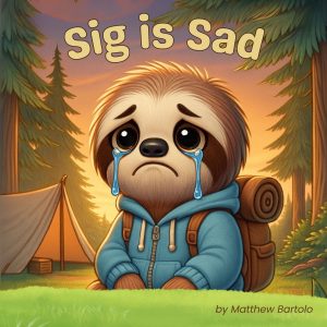 Crying sloth from Sig is Sad book cover illustration.