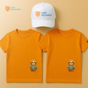 Two orange Camp Willingness T-shirts with sloth mascot and a white Camp Willingness cap.