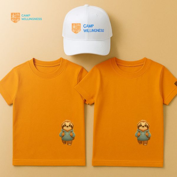 Two orange Camp Willingness T-shirts with sloth mascot and a white Camp Willingness cap.