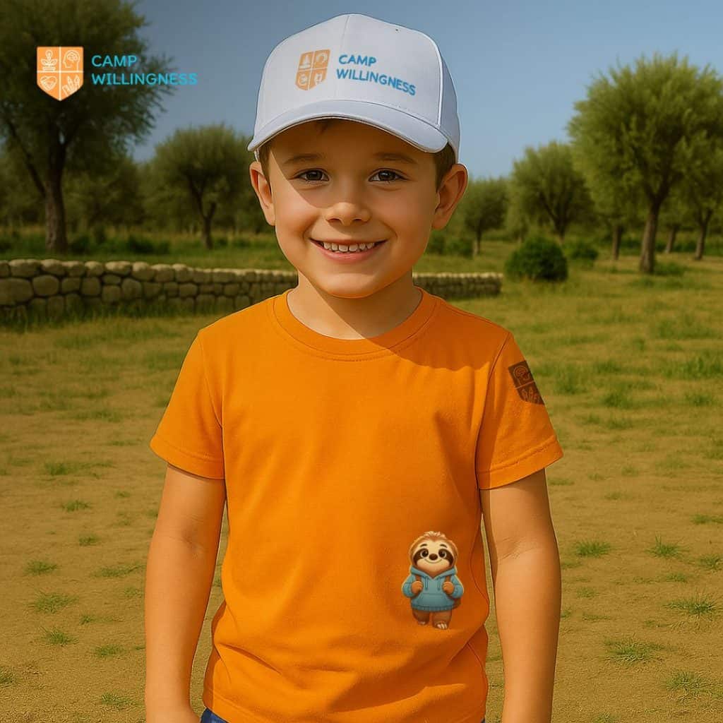 Young boy smiling outdoors, wearing an orange T-shirt and a white cap with the 'Camp Willingness' logo, in a natural setting with trees and blue sky.
