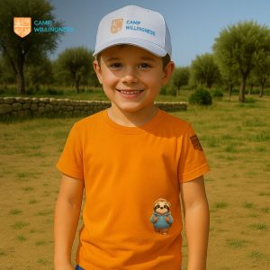 Smiling boy outdoors wearing orange Camp Willingness Clothing Combo T-shirt and white branded cap.