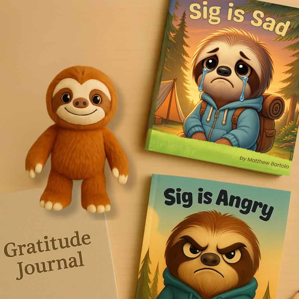 Lifelike plush sloth toy standing on a table alongside two children’s books titled "Sig is Sad" and "Sig is Angry" and a gratitude journal, all connected to emotional recognition and mental health support for children.