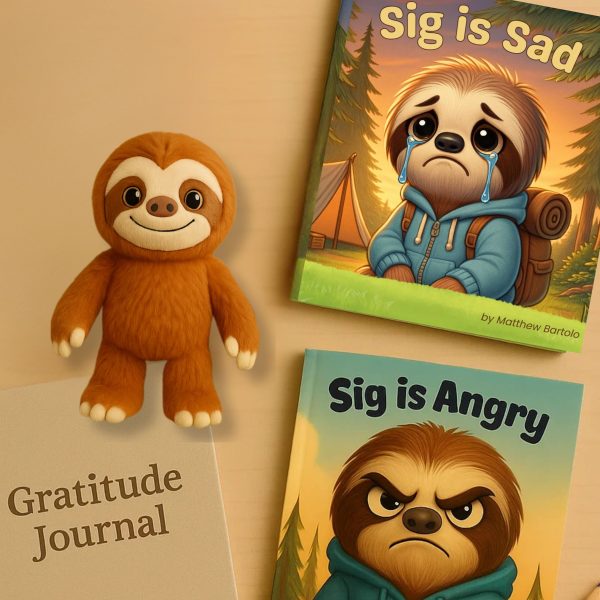 Sig books, plush toy, journal for kids in Therapeutic Trio.