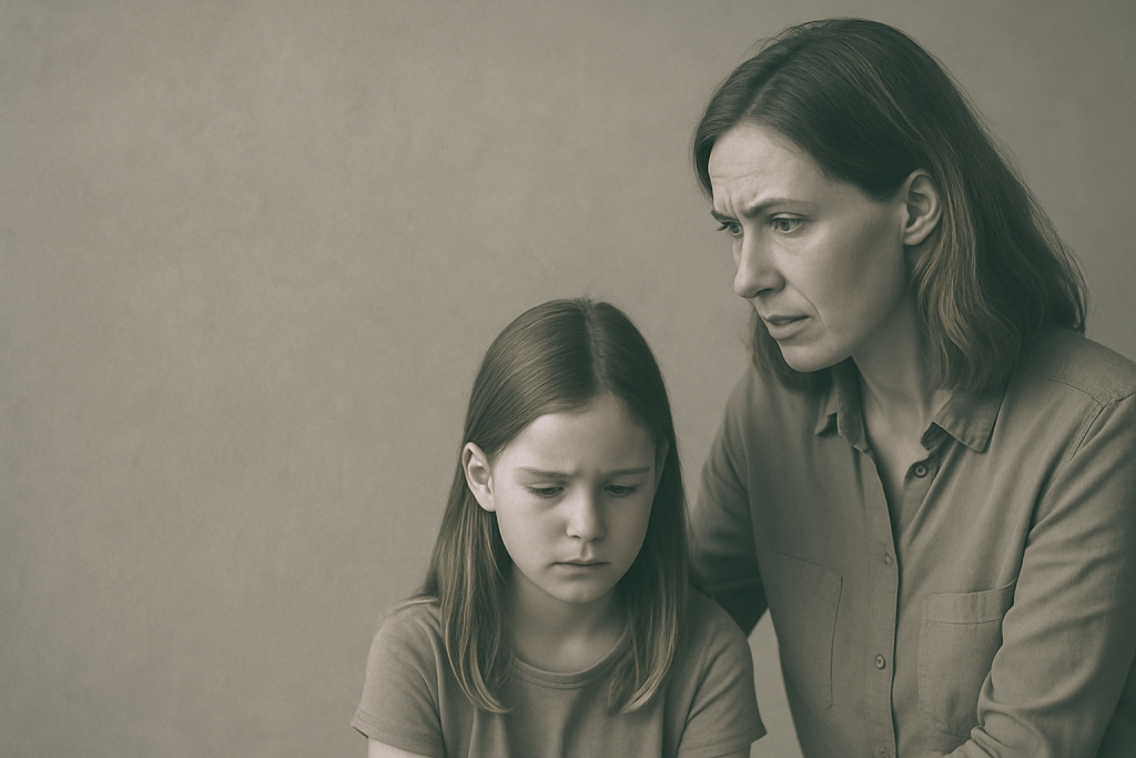 A concerned adult comforts a sad child, reflecting emotional connection and vulnerability in Childhood Grief.