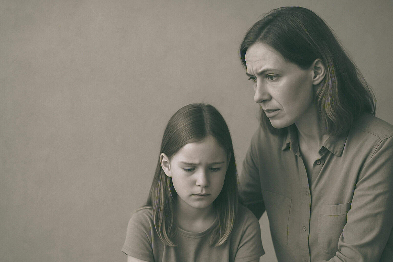 2. Female adult comforting a young girl who looks upset, conveying empathy and emotional support in a counselling or therapy context.