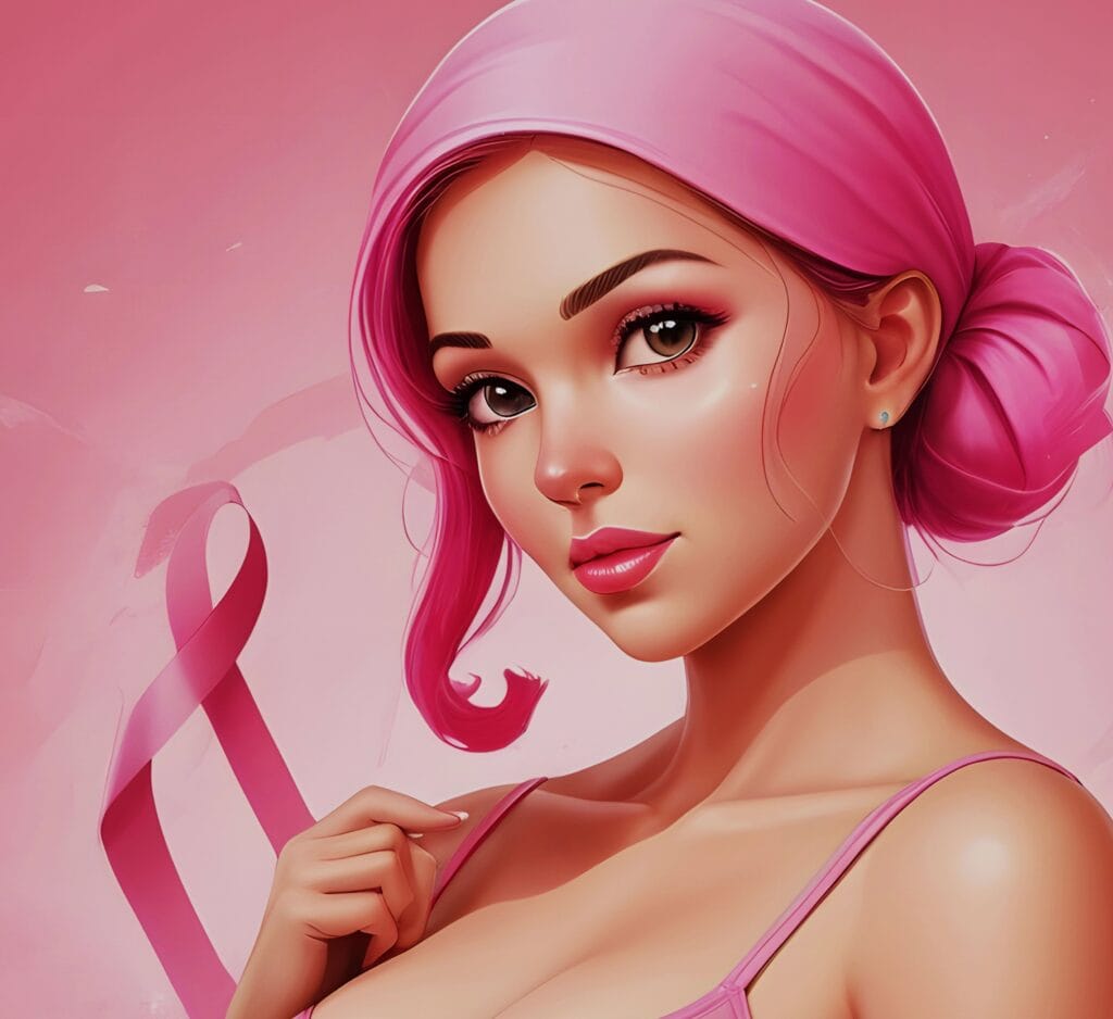 Pink-haired woman illustrating breast cancer awareness with pink ribbon, conveying support and hope.