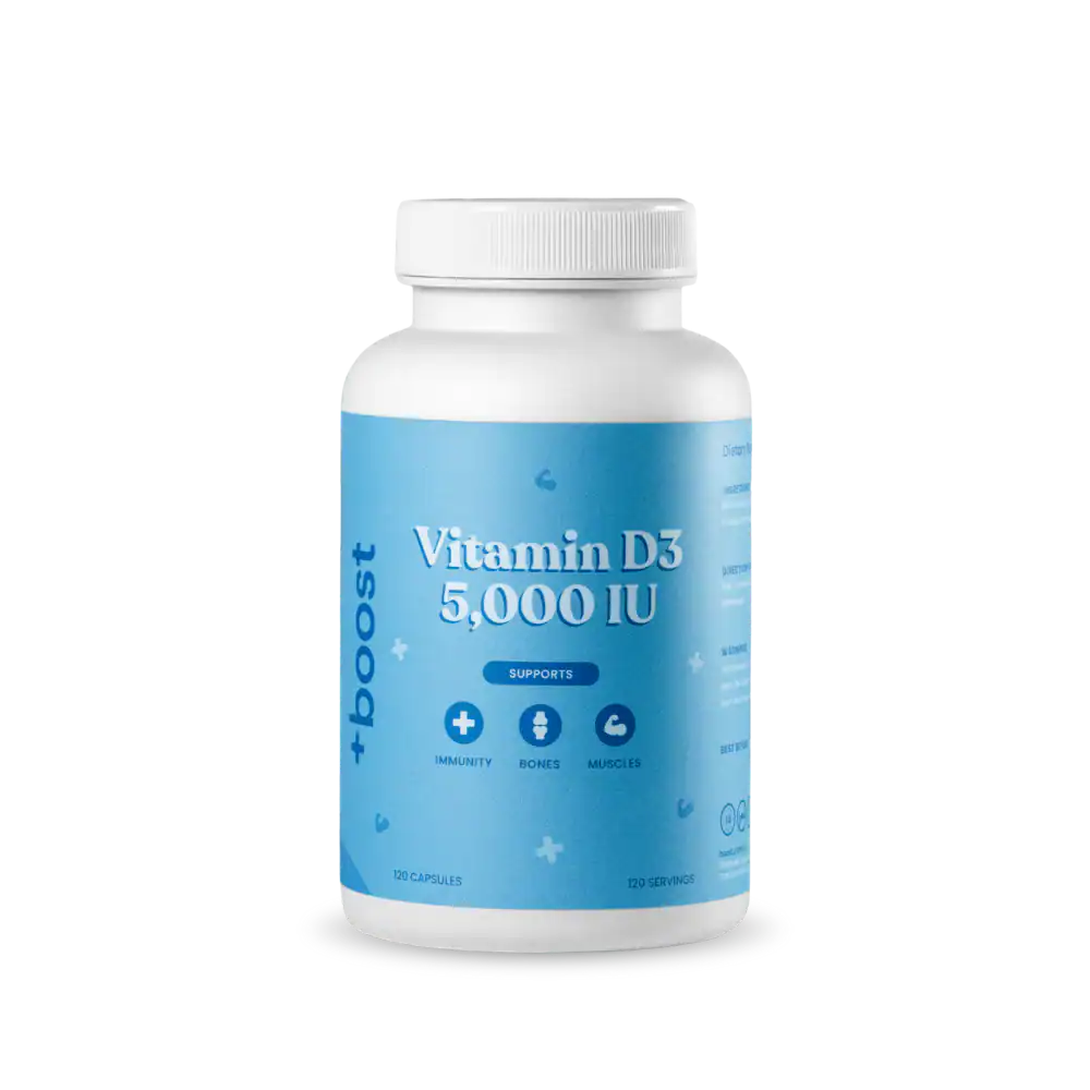 Bottle of Vitamin D3 5000 IU supplement designed to support immune health, bone strength, and muscle function. Ideal for individuals with deficiencies or seeking overall wellness.