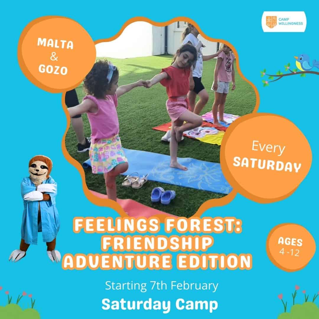 1. Children holding hands and balancing on yoga mats outdoors during a friendship-themed camp activity.