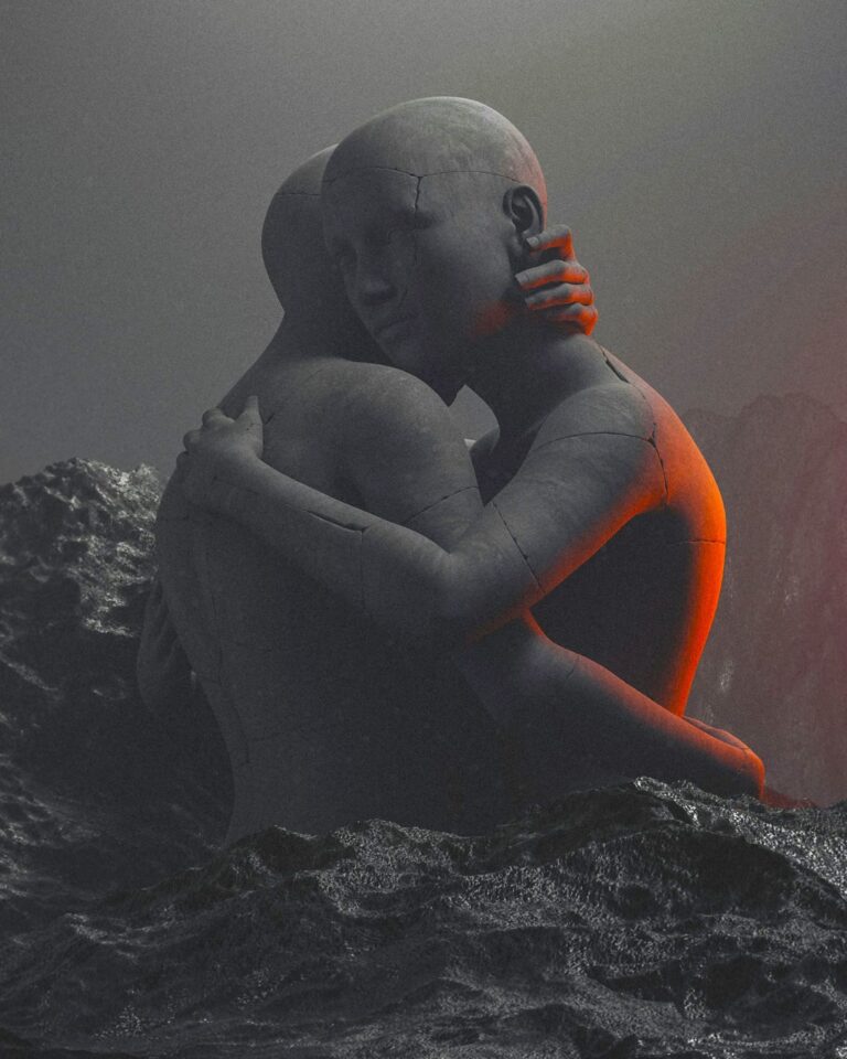 Two figures embrace amid dark waves, symbolizing Supportive Networks while caring without losing yourself.