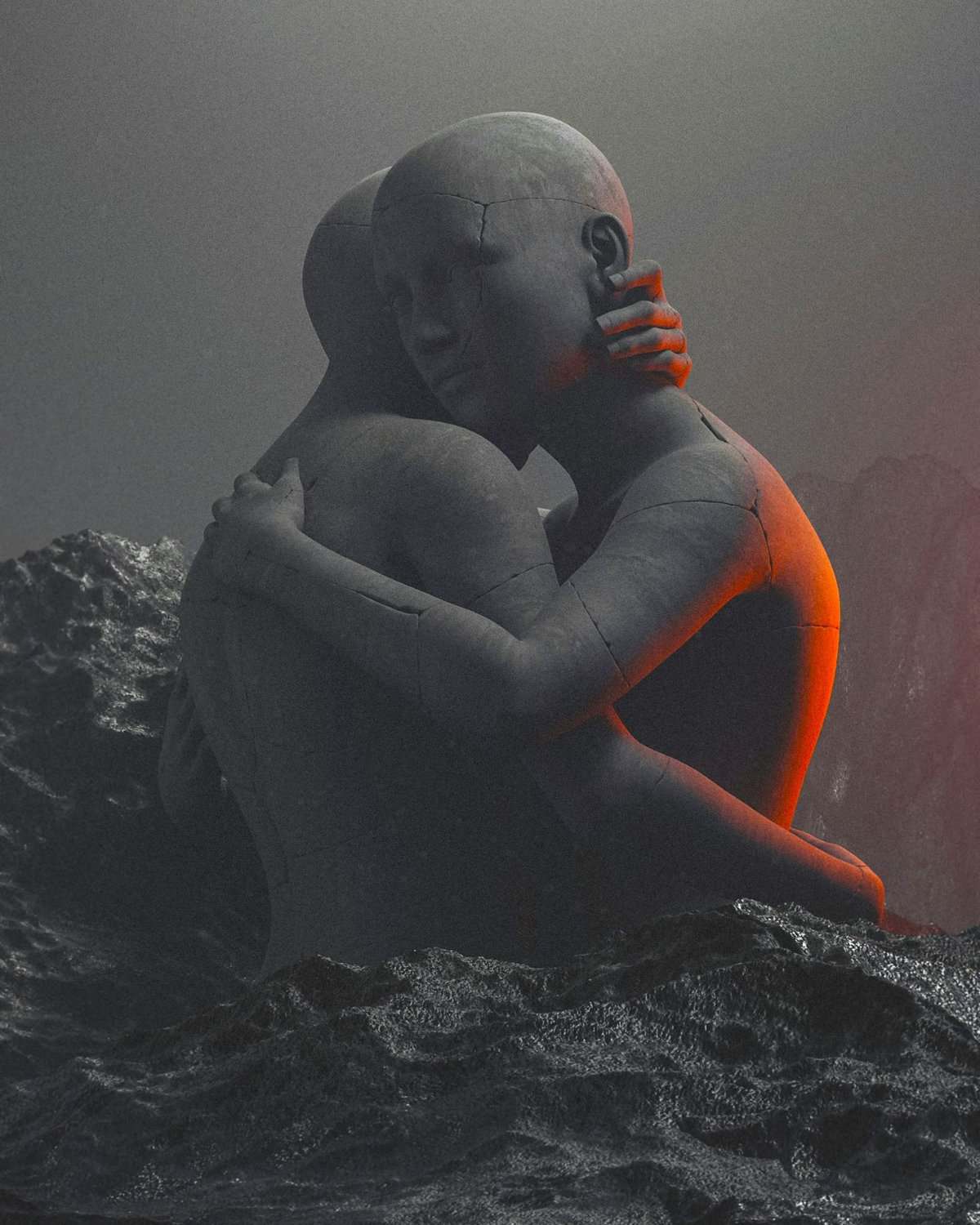 Two figures embrace amid dark waves, symbolizing Supportive Networks while caring without losing yourself.