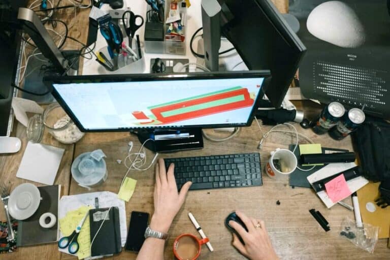Cluttered workspace showing overworking to cope in certain moments, while work gives structure, triggering Anxiety-Driven Productivity Patterns.