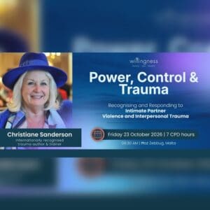 Professional woman therapist at trauma workshop, promoting awareness of power, control, and trauma recovery.
