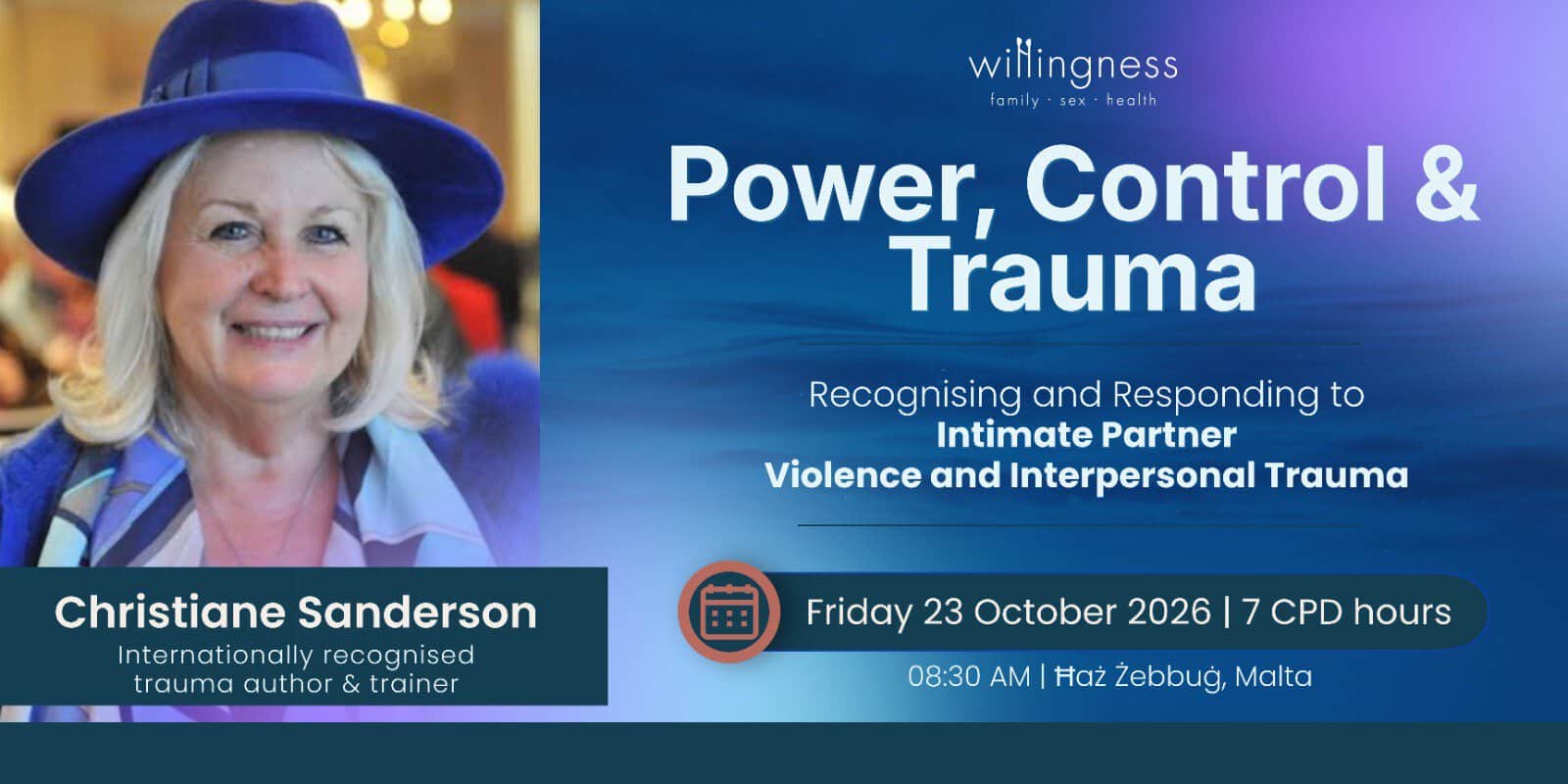 Professional woman therapist at trauma workshop, promoting awareness of power, control, and trauma recovery.