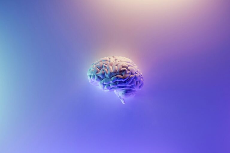 Iridescent brain render on a blue background