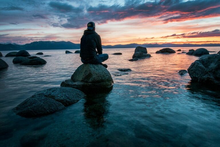 A person sitting on a rock by the water during sunset, reflecting calmness and mindfulness, symbolising mental wellness and introspection.