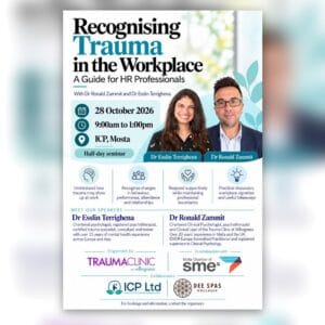 Two mental health professionals, Dr Esslin Terrighena and Dr Ronald Zammit, smiling in a professional setting promoting a seminar on recognising workplace trauma.