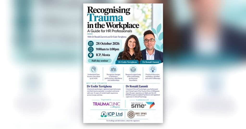Event poster for HR professionals on recognising trauma at work, featuring speakers Dr Esslin Terrighena and Dr Ronald Zammit, scheduled for 28 October 2026.